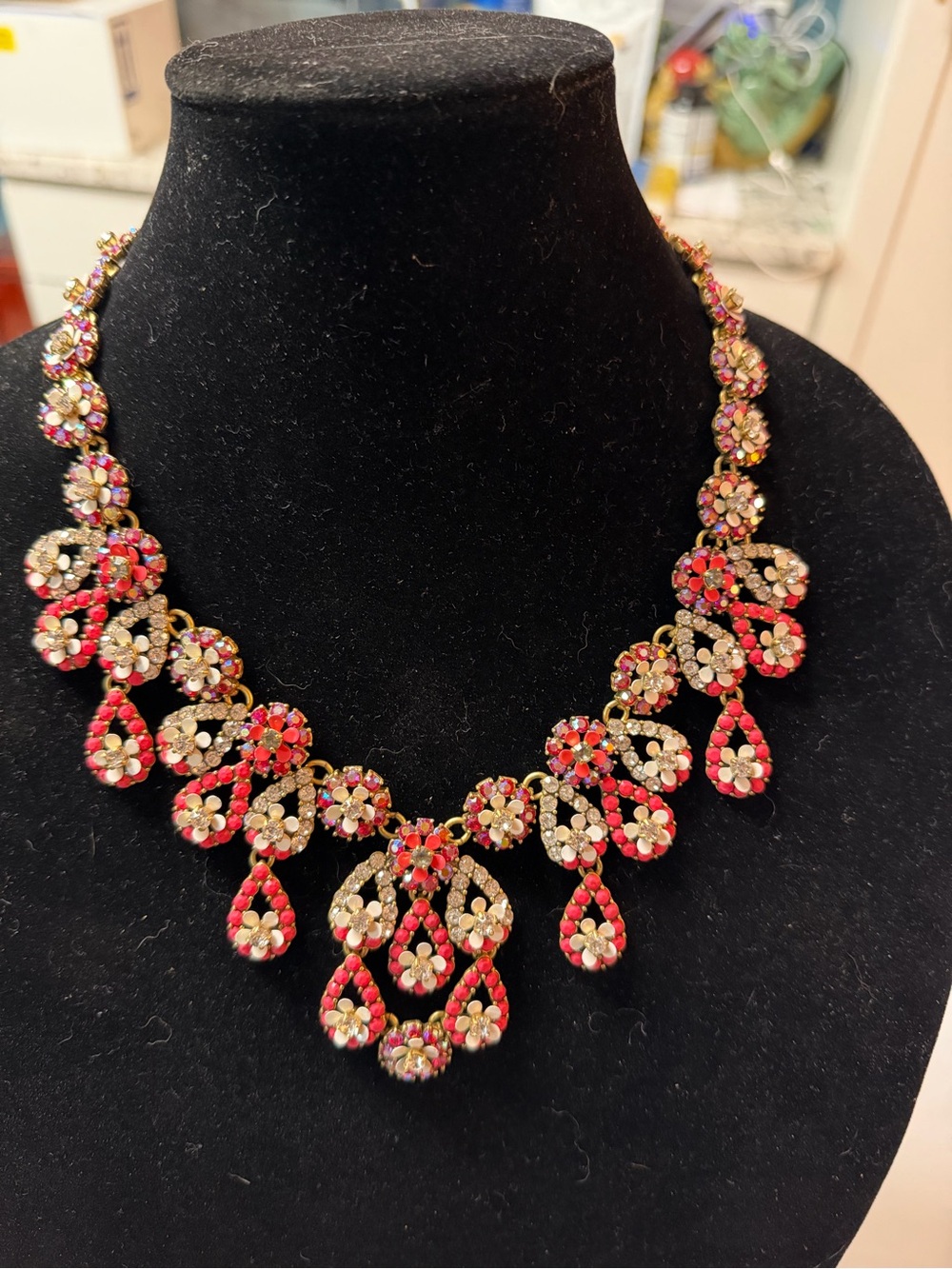 J. Crew Pink and Gold Floral Crystal Necklace